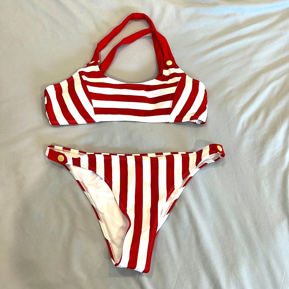 Cupshe red and white strip bikini